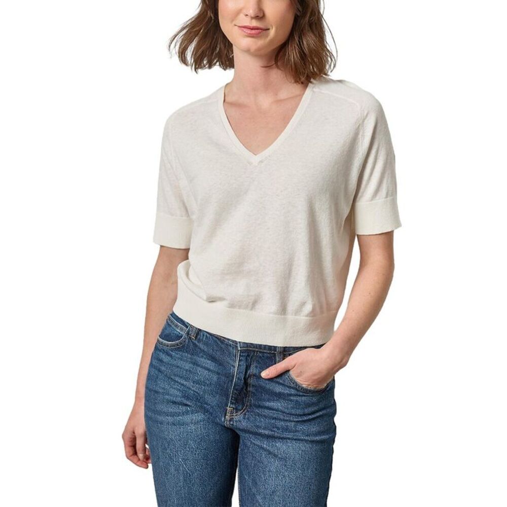 Lilla P Womens  V-Neck Saddle Sleeve Linen-Blend Sweater, White
